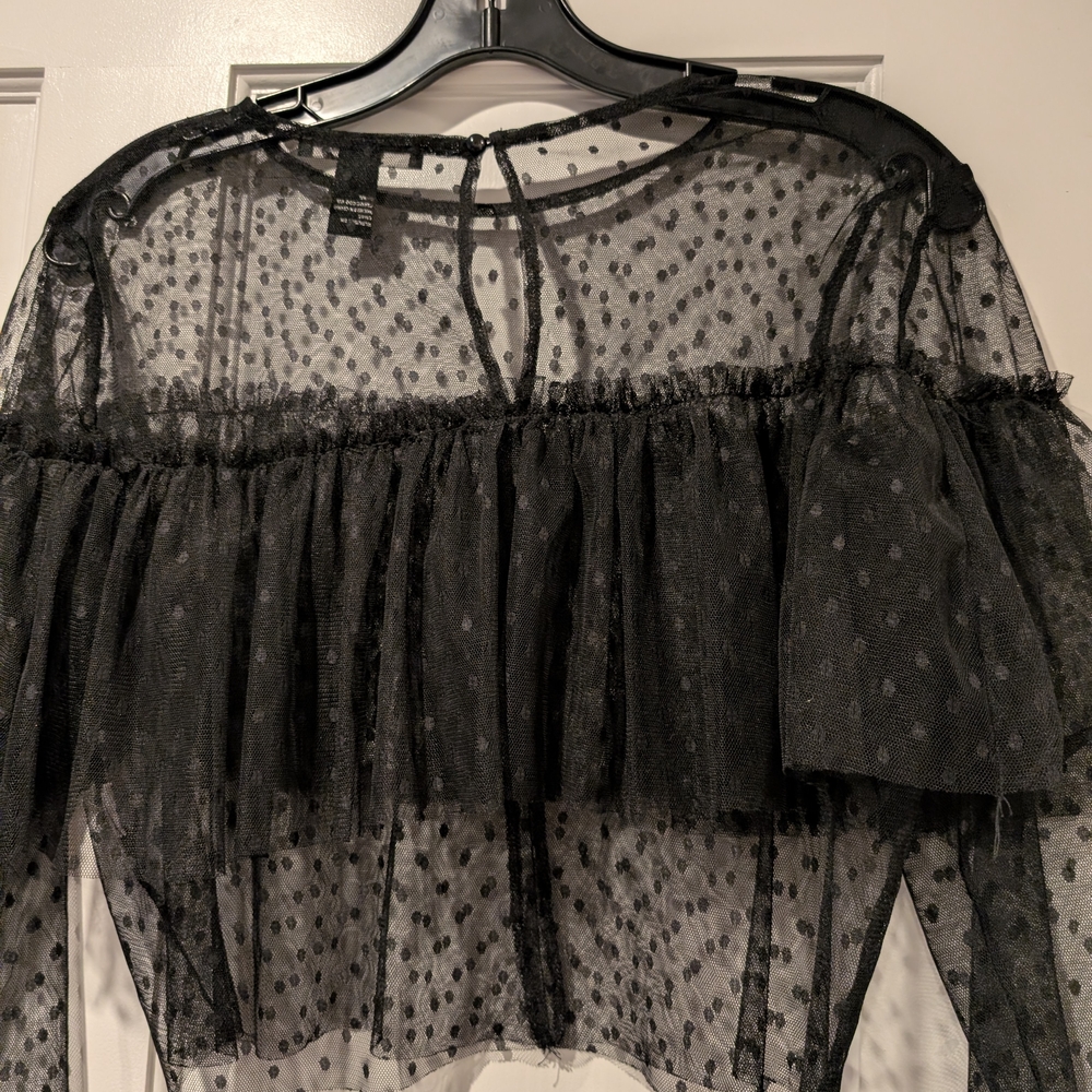 Forever21 Whimsygoth Gothcore Ditsy Black Sheer Women's Top Medium Ruffle - Picture 7 of 7